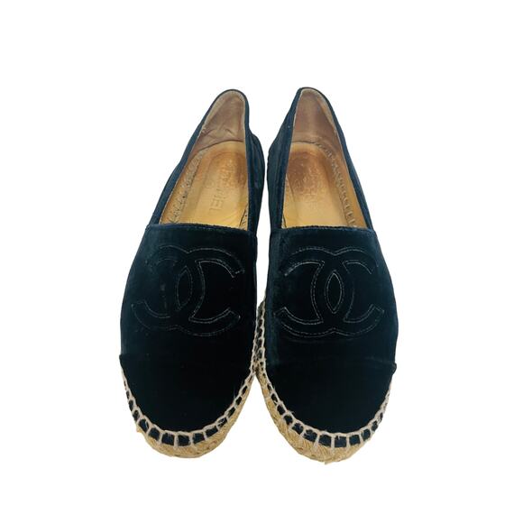 CHANEL Navy Blue Velvet CC Logo Cap Toe Espadrilles Monogram Flats Size 37 US 7 - Picture 8 of 9